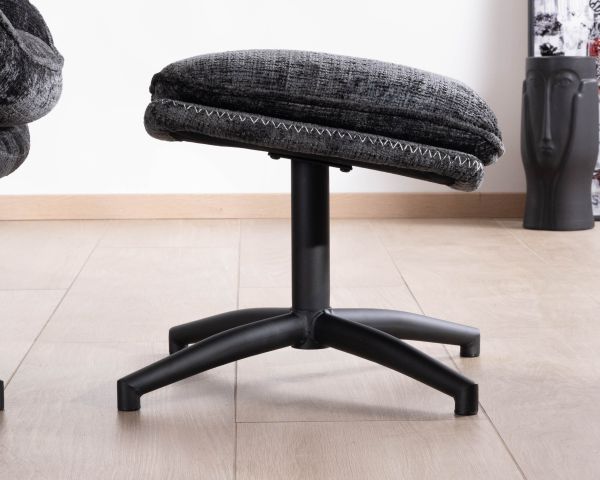 Cómodo sillón giratorio de estilo retro, tapizado en tela gris «Branson», con puf