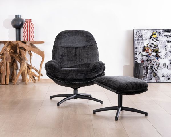 Cómodo sillón giratorio de estilo retro, tapizado en tela gris «Branson», con puf