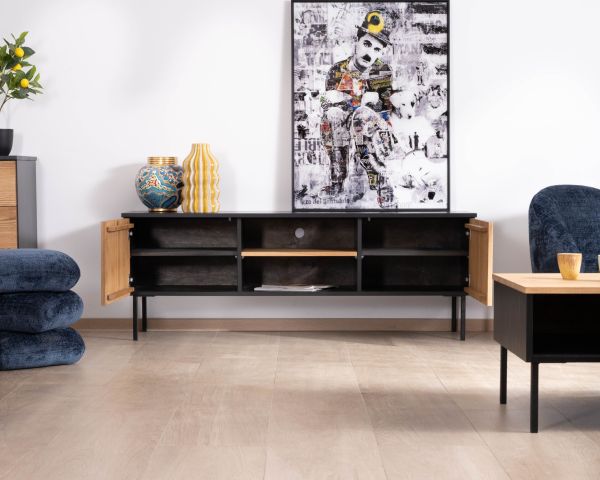 Sofá-vitrina de 160 cm con dos puertas, de madera maciza de fresno aceitada, modelo «Sydney»