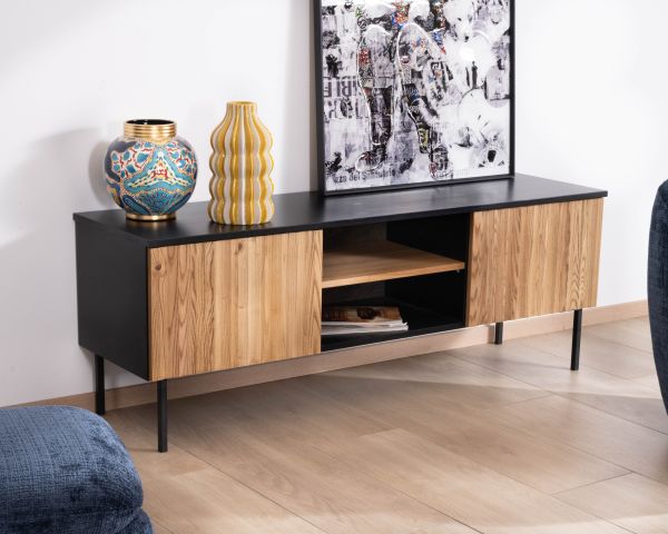 Sofá-vitrina de 160 cm con dos puertas, de madera maciza de fresno aceitada, modelo «Sydney»