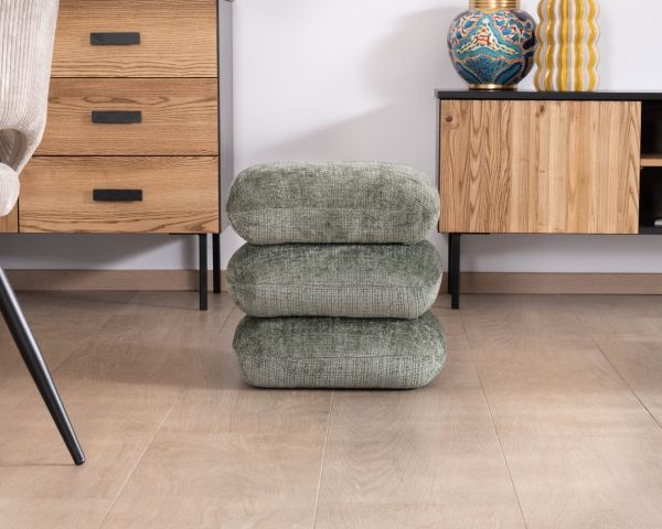 Puf giratorio de estilo zen y contemporáneo, confeccionado en tejido de trama verde salvia «Flow»