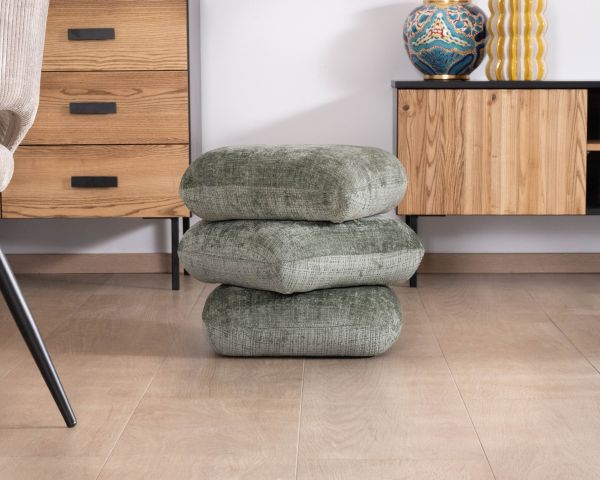 Puf giratorio de estilo zen y contemporáneo, confeccionado en tejido de trama verde salvia «Flow»
