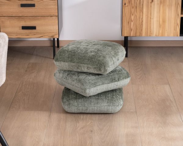Puf giratorio de estilo zen y contemporáneo, confeccionado en tejido de trama verde salvia «Flow»