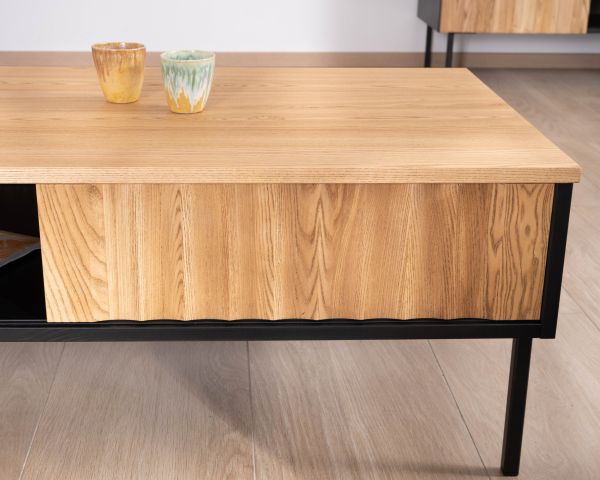 Mesa de centro de estilo «newtro» en madera maciza natural y negra «Sydney» con puertas correderas