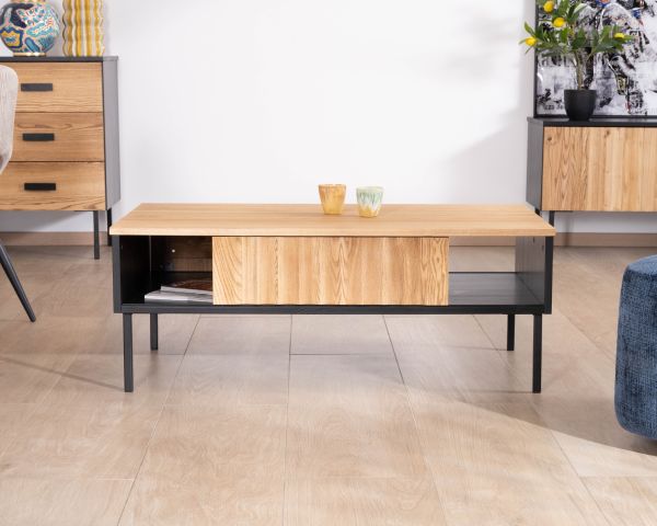 Mesa de centro de estilo «newtro» en madera maciza natural y negra «Sydney» con puertas correderas