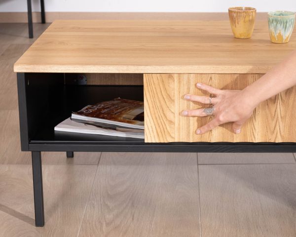 Mesa de centro de estilo «newtro» en madera maciza natural y negra «Sydney» con puertas correderas