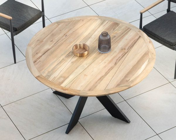 Mesa de jardín redonda de teca con patas cruzadas de aluminio «Ozone», 150 cm