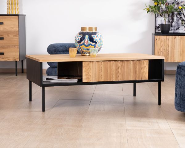 Mesa de centro de estilo «newtro» en madera maciza natural y negra «Sydney» con puertas correderas
