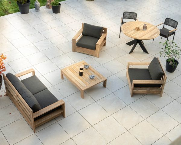 Sofá de jardín de 2 plazas de alta gama «Zénith», de teca acolchada con tapizado de tela gris oscuro