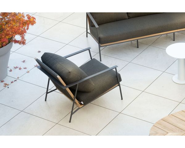 Conjunto de jardín de 3 piezas en aluminio, teca y tejido especial para exteriores de color gris oscuro «Hélios»