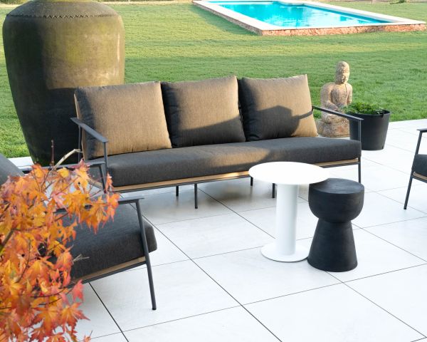 Conjunto de jardín de 3 piezas en aluminio, teca y tejido especial para exteriores de color gris oscuro «Hélios»