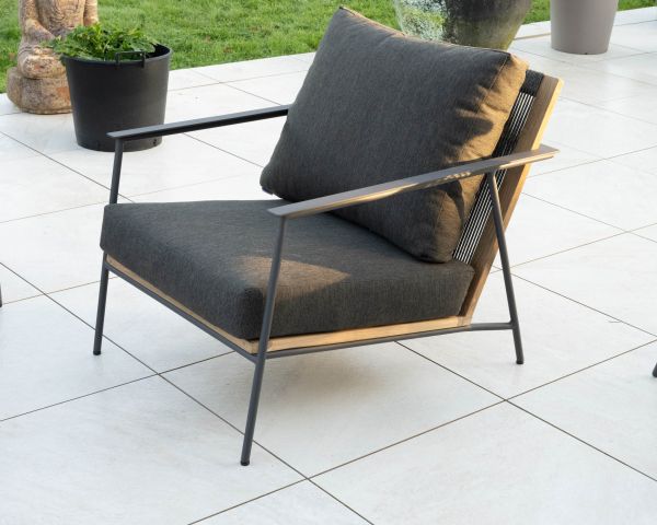 Conjunto de jardín de 3 piezas en aluminio, teca y tejido especial para exteriores de color gris oscuro «Hélios»