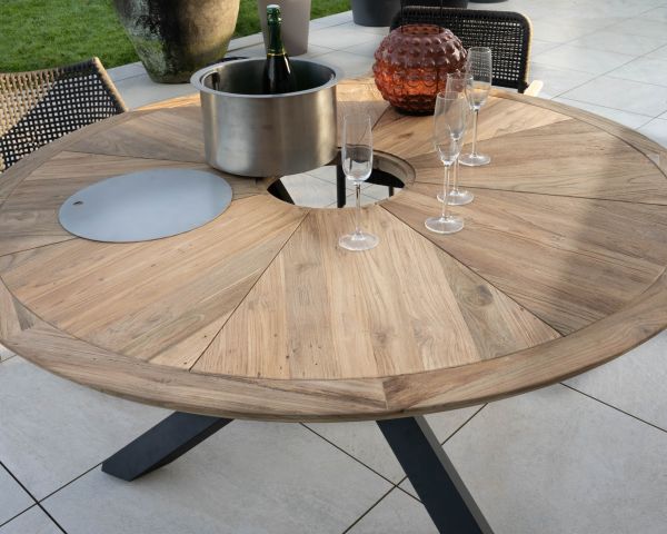 Mesa de jardín de alta gama «Hélios» con tablero en forma de roseta y cubitera integrada 