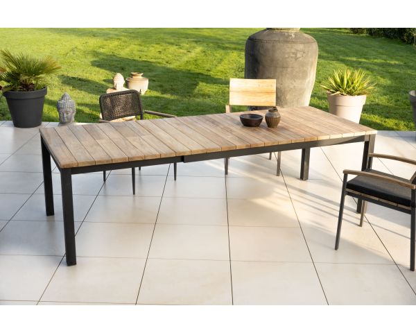 Mesa de jardín extensible de 180 a 260 cm, de teca y aluminio negro «Ozone»
