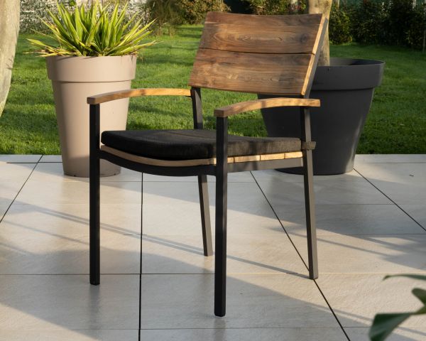Silla de jardín de alta gama de teca y aluminio «Chair'ming» con cojín de tela gris
