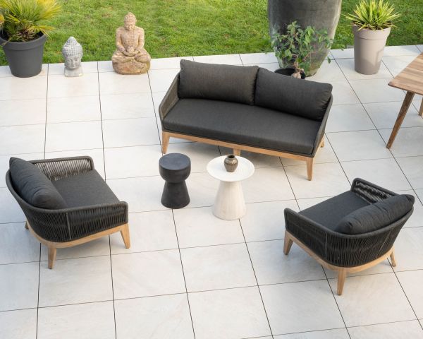 Conjunto de jardín de alta gama de 3 piezas en teca y tela gris oscuro «Tuléo»