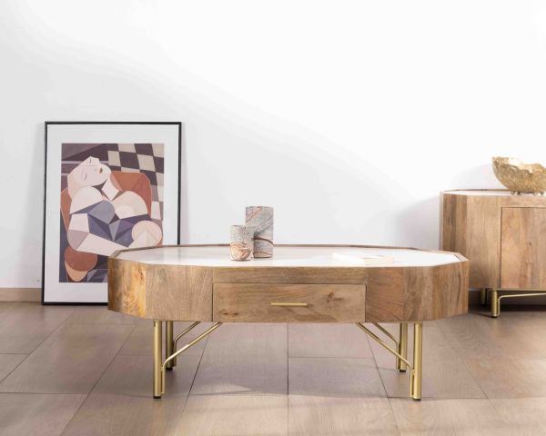 Mesa de centro de estilo retro-chic de madera de mango con tablero de terrazo blanco «Bruges»