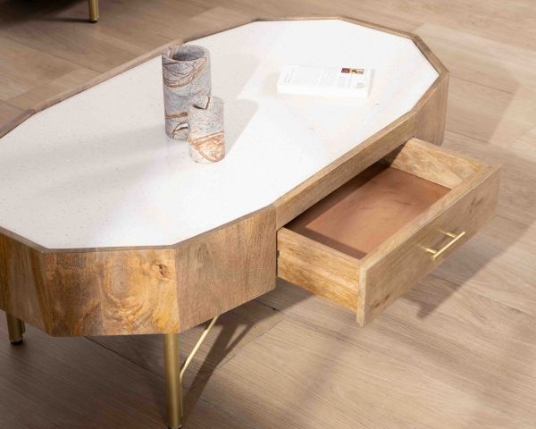 Mesa de centro de estilo retro-chic de madera de mango con tablero de terrazo blanco «Bruges»