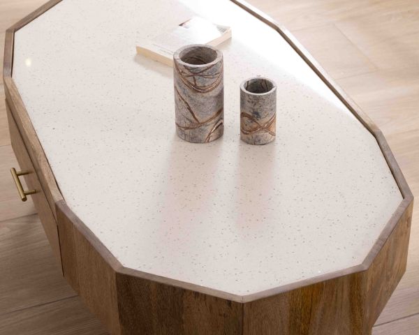 Mesa de centro de estilo retro-chic de madera de mango con tablero de terrazo blanco «Bruges»