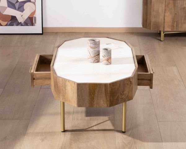 Mesa de centro de estilo retro-chic de madera de mango con tablero de terrazo blanco «Bruges»