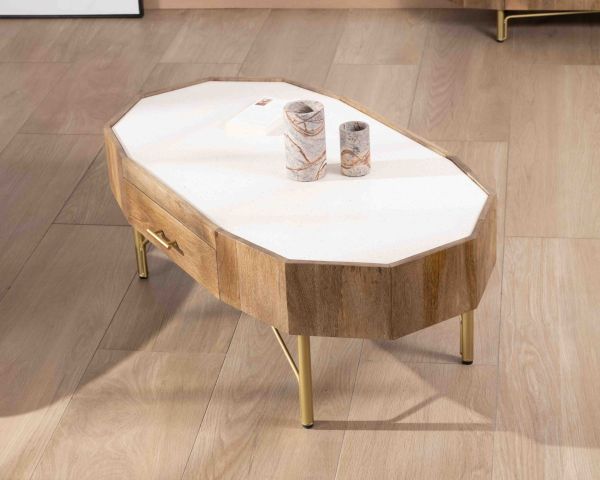 Mesa de centro de estilo retro-chic de madera de mango con tablero de terrazo blanco «Bruges»