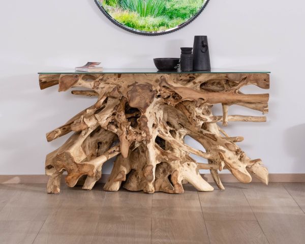 Consola de raíz de teca natural con tablero de cristal «Jungle»