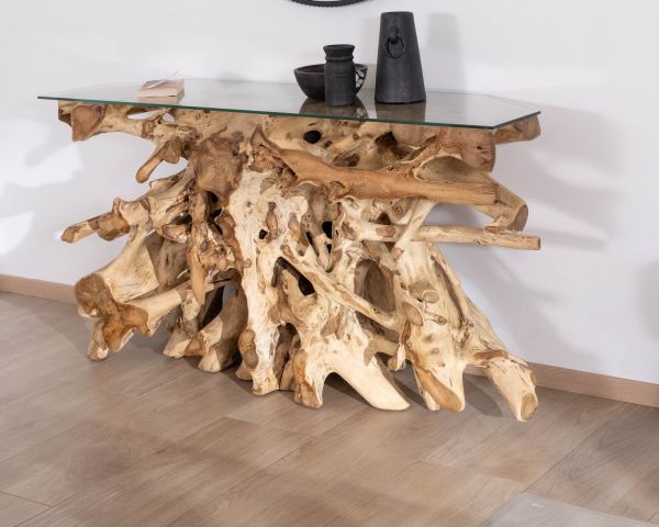 Consola de raíz de teca natural con tablero de cristal «Jungle»