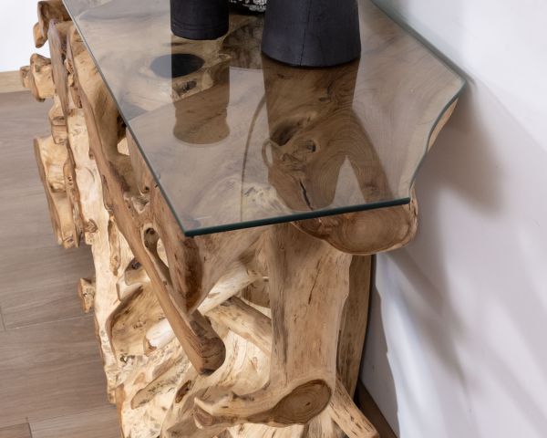 Consola de raíz de teca natural con tablero de cristal «Jungle»