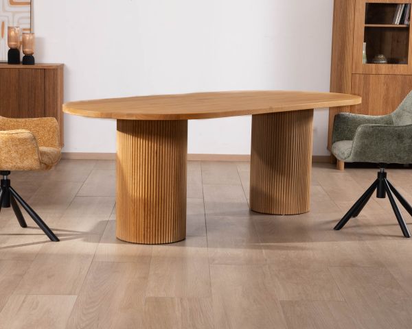Mesa de comedor ovalada de 220 cm con patas redondas acanaladas de roble aceitado «Winton», estilo retro