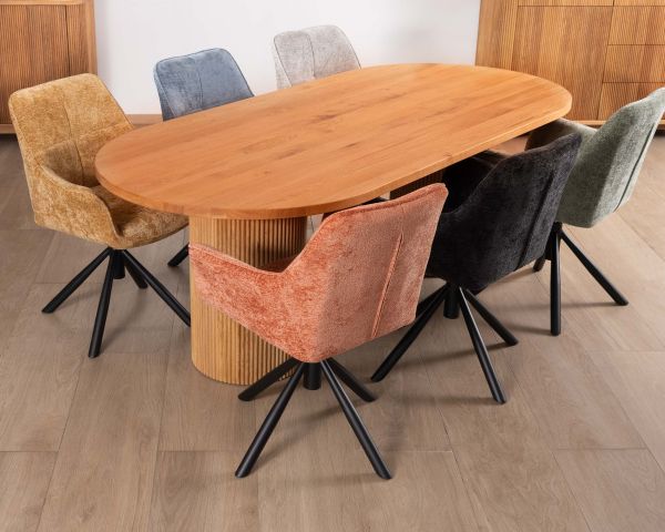 Mesa de comedor ovalada de 220 cm con patas redondas acanaladas de roble aceitado «Winton», estilo retro