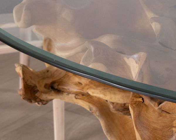 Mesa de comedor redonda de raíz de teca natural con tablero de cristal «Jungle»