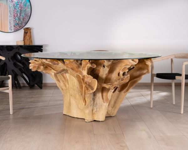 Mesa de comedor redonda de raíz de teca natural con tablero de cristal «Jungle»