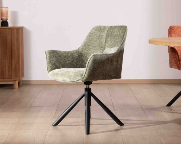 Lote de 2 sillas de tela verde «Ewing» con reposabrazos y base giratoria de metal