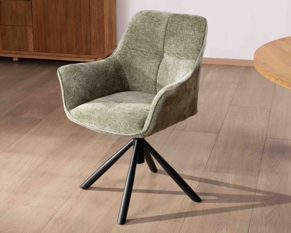 Lote de 2 sillas de tela verde «Ewing» con reposabrazos y base giratoria de metal