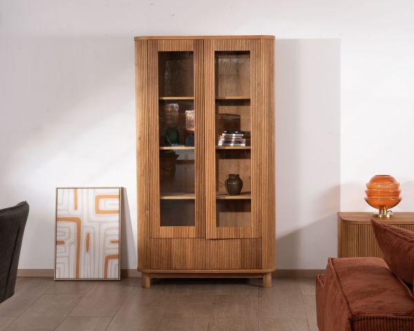 Vitrina con 2 cajones bajos de estilo retro «Winton», de roble aceitado con acabado gofrado