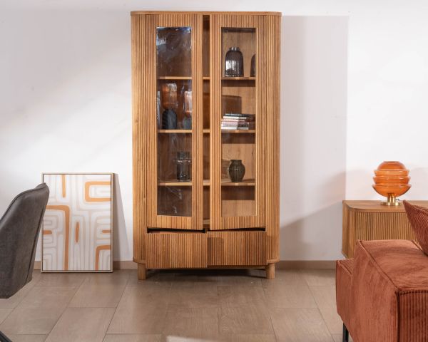 Vitrina con 2 cajones bajos de estilo retro «Winton», de roble aceitado con acabado gofrado