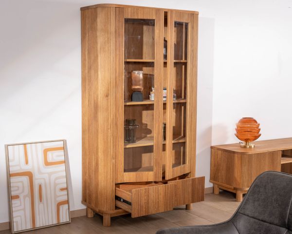 Vitrina con 2 cajones bajos de estilo retro «Winton», de roble aceitado con acabado gofrado