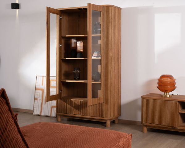 Vitrina con 2 cajones bajos de estilo retro «Winton», de roble aceitado con acabado gofrado