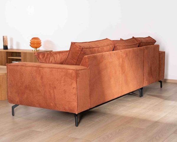 Sofá esquinero de terciopelo acanalado con chaise longue «Pueblo», con orientación y colores a elegir
