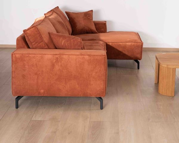 Sofá esquinero de terciopelo acanalado con chaise longue «Pueblo», con orientación y colores a elegir