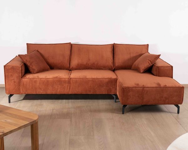 Sofá esquinero de terciopelo acanalado con chaise longue «Pueblo», con orientación y colores a elegir