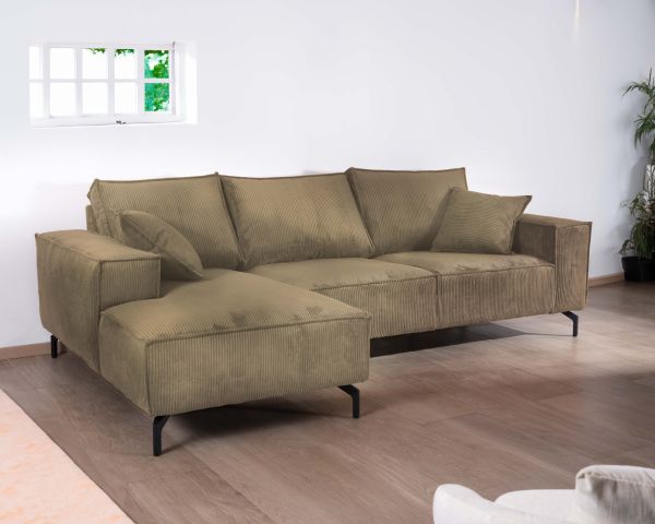 Sofá esquinero de terciopelo acanalado con chaise longue «Pueblo», con orientación y colores a elegir