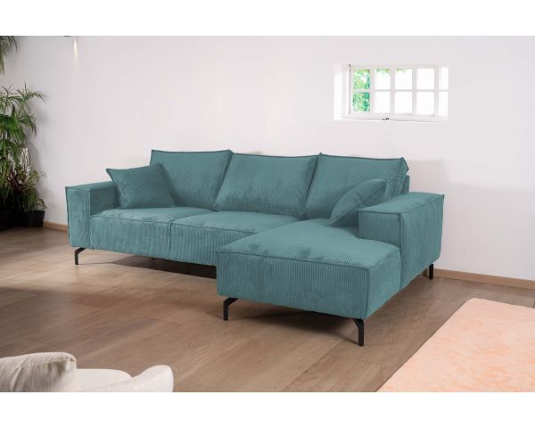 Sofá esquinero de terciopelo acanalado con chaise longue «Pueblo», con orientación y colores a elegir