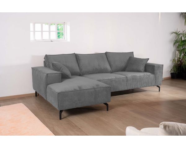 Sofá esquinero de terciopelo acanalado con chaise longue «Pueblo», con orientación y colores a elegir