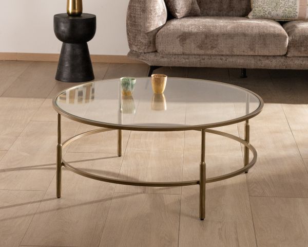 Mesa de centro redonda de 90 cm en latón dorado y tablero de cristal «Gilt Antique», de estilo contemporáneo y elegante
