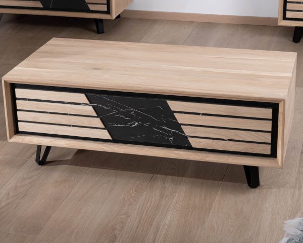 Mesa de centro rectangular con un cajón, de roble blanqueado y frente decorativo con efecto mármol «Storia»