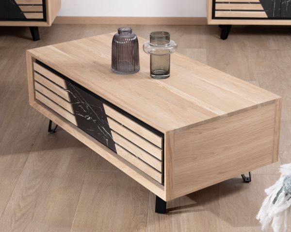 Mesa de centro rectangular con un cajón, de roble blanqueado y frente decorativo con efecto mármol «Storia»