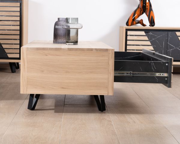 Mesa de centro rectangular con un cajón, de roble blanqueado y frente decorativo con efecto mármol «Storia»