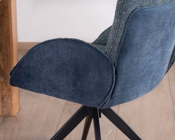 Lote de 2 sillas «Eddy» de tela de doble textura en azul oscuro, con reposabrazos y base giratoria de metal