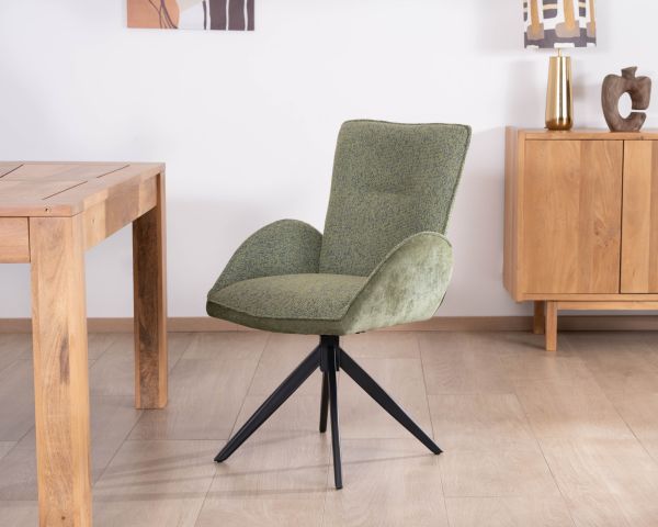 Lote de 2 sillas «Eddy» de tela verde suave, con reposabrazos y base giratoria de metal
